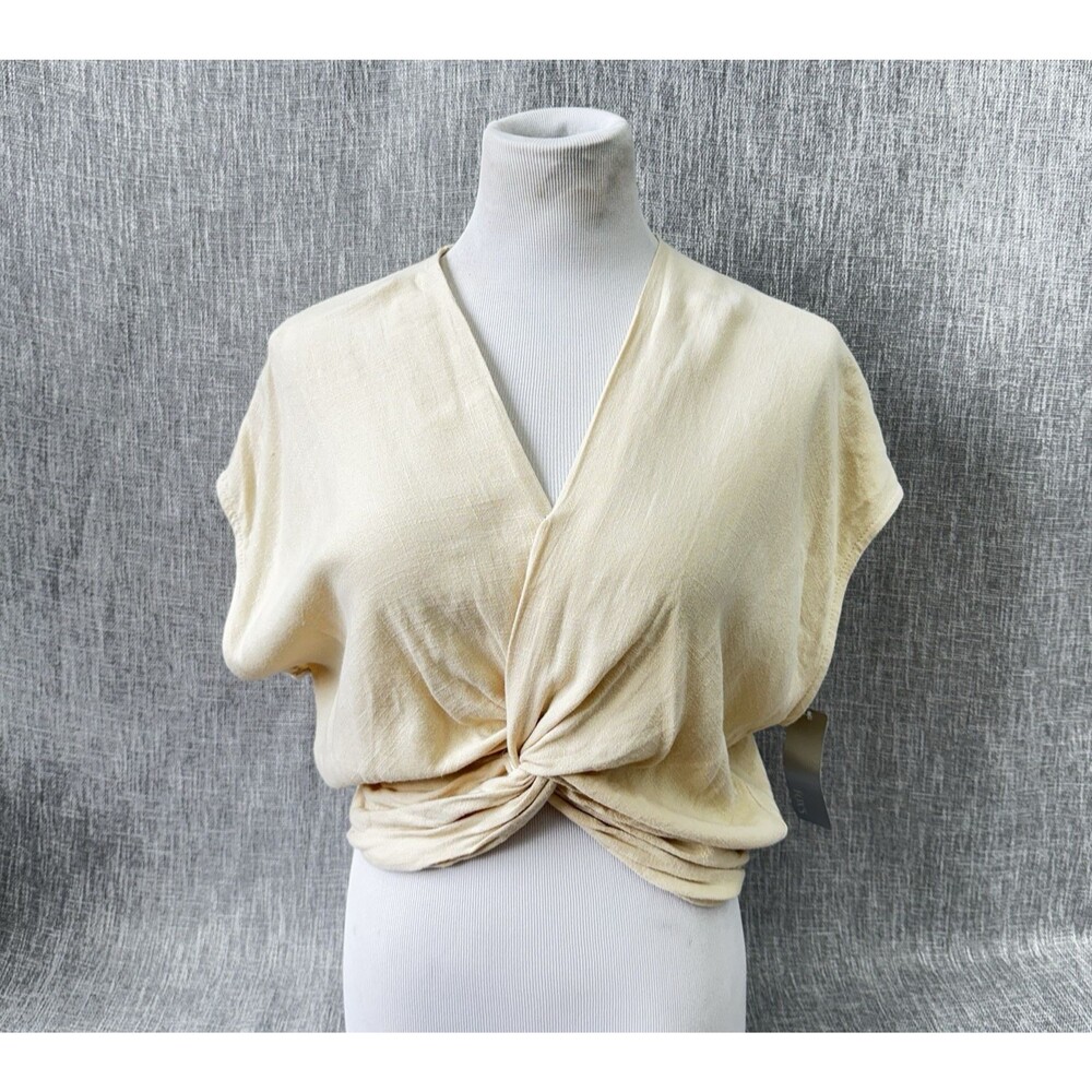 Fanco Fox's Beige Twist Front V-Neck Sleeveless Crop Top Sz M Linen Rayon blend